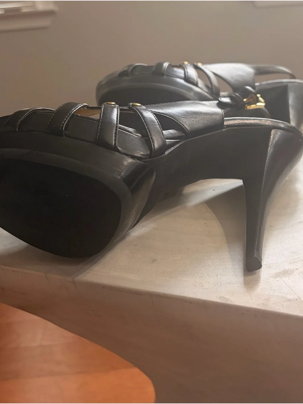 Michael Kors Black Leather Platform Slingback Sandals with Gold Insole